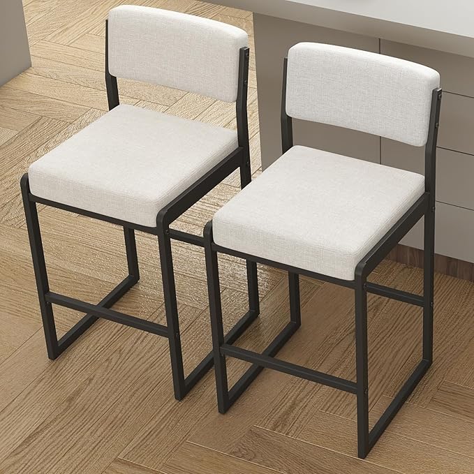 Mid Century Modern Counter Height Bar Stools Set of 3, 26" Bar Height Chairs with Backs, Upholstered Counter Stools, Metal Barstools for Kitchen Island (Beige- Fabric, 26" H - Set of 2)