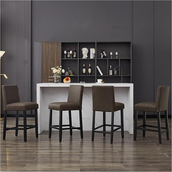 26'' Faux Leather Bar Stools Set of 2, Modern Upholstered Bar Height Bar Chairs, Soild Wood Legs Barstools with Back, Brown