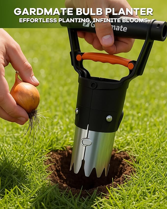 Bulb Planter Tool - One-Touch Automatic Bulb Planter for Bulbs, Seeds & Seedlings - 5" Depth Stainless Steel Garden Bulbs Dibber with Ergonomic Handle - No Bend Planting, Includes Gloves