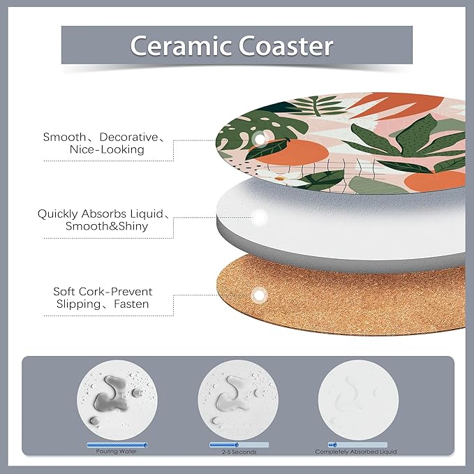 Drink Coasters Set of 6 with Holder,Tropical Palm Leaves Orange Floral Absorbent Ceramic Coasters with Cork Base,Fit All Cups,Tabletop Protection Mat for Mugs and Cups,Office,Kitchen