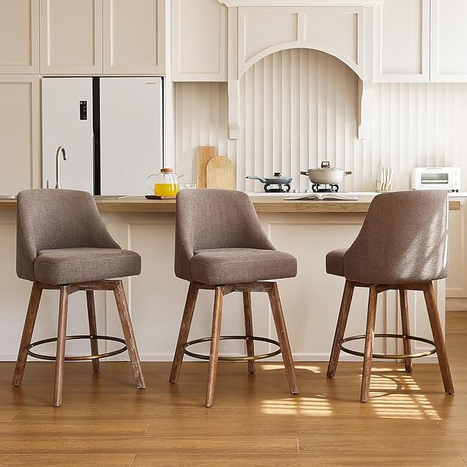 IWOOD Mid Century Modern Counter Height Bar Stools Set of 3,360° Swivel Barstools with Solid Wood Legs,26'' Island Chairs with Wrap-Around Backrest,Grey Linen Comfort Fabri