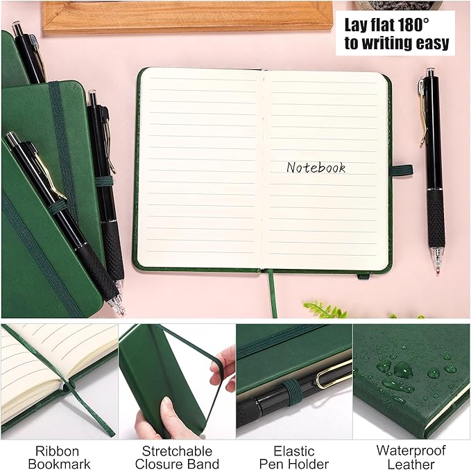 Aodaer 50 Sets Pocket Notebook Journal with Pens, 160 Pages, 3.5 x 5.5 Inch Mini Lined Journal Notebook A6 Leather Hardcover College Ruled Notepad with Pen Holder for School Office Gifts, Dark Green