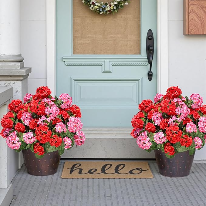 Artificial Geraniums Fake Flowers for Outdoors Decoration, 6 Bundles Silk Geraniums Flower UV Resistant Look Real Faux Plants for Front Door Garden Porch Planter Patio Balcony Yard Indoor Home, Mix