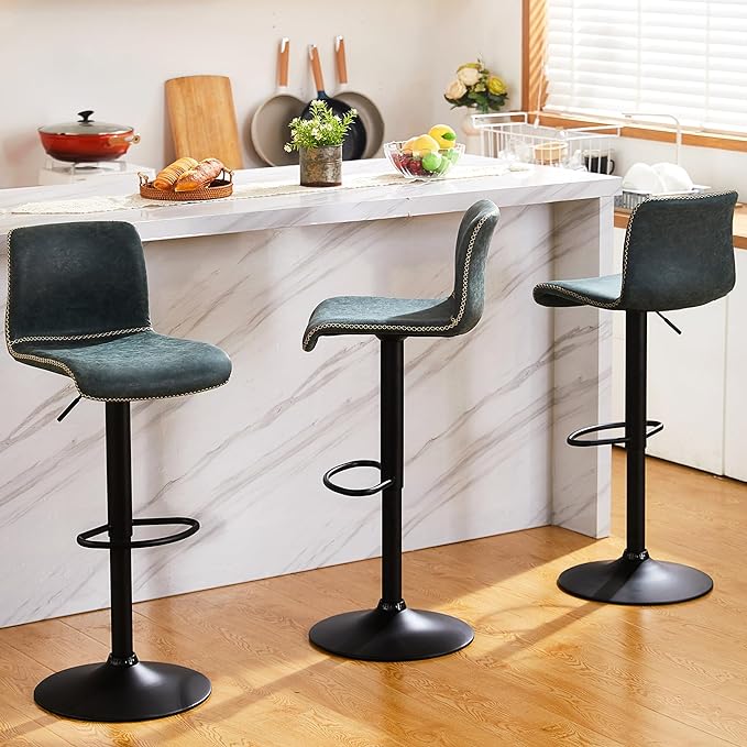 HeuGah Bar Stools Set of 4, Swivel Counter Height Barstools with Back, Adjustable Height 24" to 32", Faux Leather Bar Chairs for Kitchen Island (Deep Teal, Set of 4 (24'' to 32''))