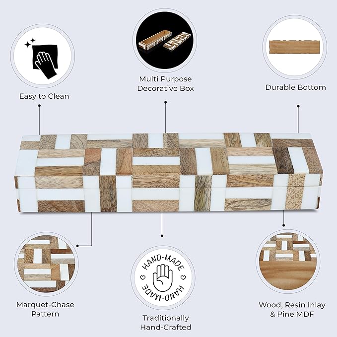 Handicrafts Home Decorative Storage Box, Keepsake Holder & Gift Box or Decorative Accent, Home decor, Jewelry Organizer, Made with Wood & Resin Inlay, Handmade Marquet Chase Collection- 10X2.5X1.5 In