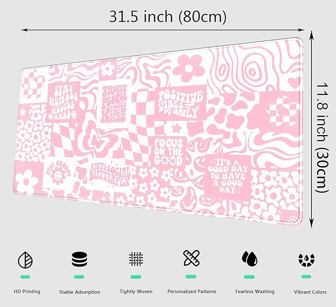 Pink Boho Desk Pad XL Large Gaming Mouse Pad Retro Hippie Boho Desk Mat with Stitched Edges, Non-Slip Rubber Base Mousepad Computer Laptop Keyboard Mouse Mat Desktop Protector Pad 31.5x11.8 in
