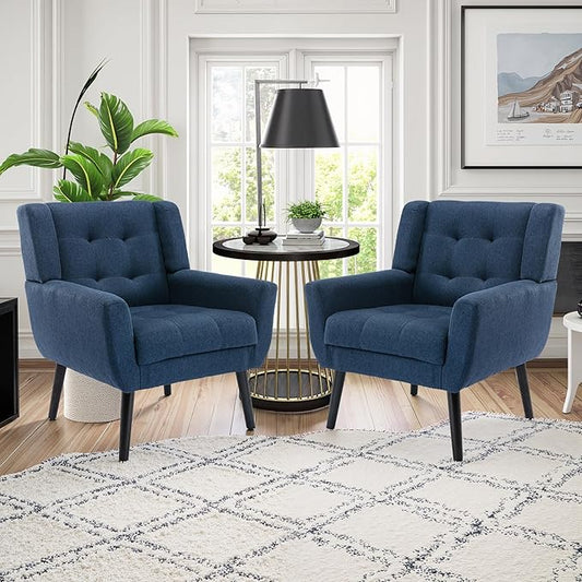 NicBex Accent Chair Set of 2, Modern Chair for Living Room Upholstered Foam Filled Living Room Chairs with Metal Legs Linen Cozy Lounge Armchair for Living Room Bedroom,Blue