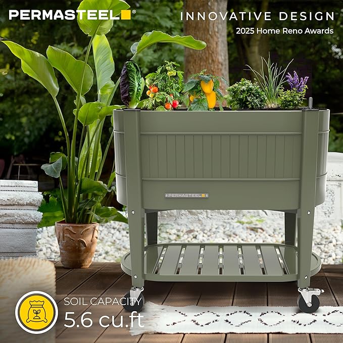 Permasteel Raised Garden Bed with Legs, 40×20×37 in, Planter Box with EnGrow™ TrueSoil™ Technology for Vegetables, Flowers, Herbs, and Fruit, Outdoor Indoor, Storage Shelf, Green