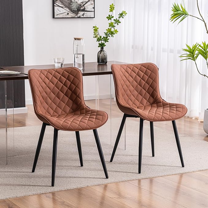 YOUTASTE Coffee Brown Dining Chairs Set of 2 Mid Century Modern PU Leather Diamond Upholstered Accent Guest Dinner Chair with Back Metal Legs for Kitchen Living Reception Waiting Room