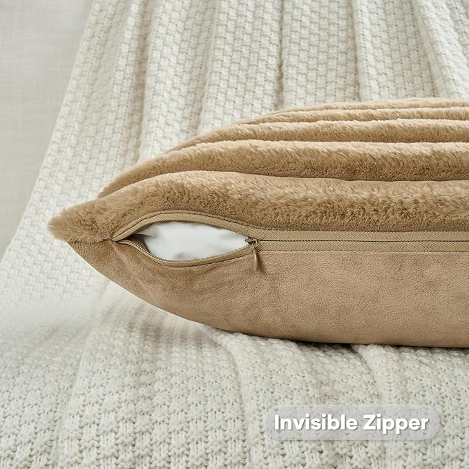 FUTEI Camel Striped Decorative Throw Pillow Covers 26x26 Inch Set of 2,Square Fall Decorations Couch Euro Pillow Shams,Soft Cozy Faux Rabbit Fur & Velvet Back,Modern Home Decor for Bed