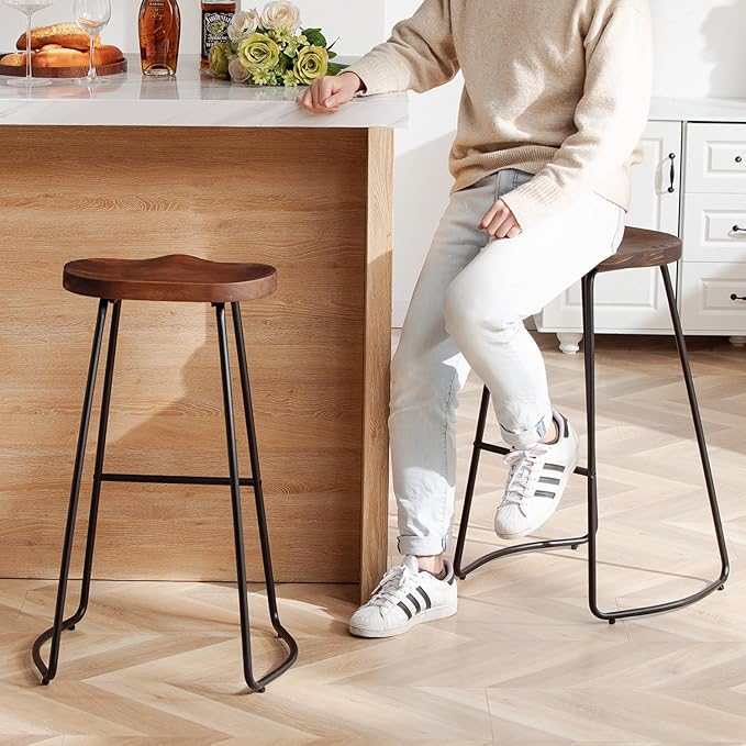 HeuGah Bar Stools Set of 3, Solid Wood Counter Height Bar Stools 30 Inch Saddle Seat Barstool Rustic Tall Bar Height Stool for Kitchen Island with Metal Leg (Walnut, 3 PCS 30Inch Barstool)