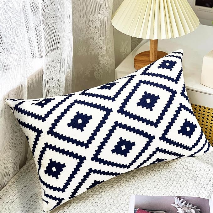 Decorative Throw Pillow Covers Set of 4 Blue Pillow Covers 12x20 inch Throw Pillow Cases Linen Square Pillow Case,Farmhouse Outdoor Modern Geometric Pillow Covers for Couch Sofa Living Room