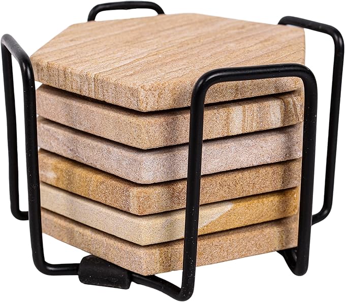 Sandstone Water Absorbent Hand Crafted Hexagon Coasters for Drinks - 4 Inches Wide Thirsty Stone Bar/Drink Coasters- Made from Rainbow Sandstone (Set of 6 with Holder)