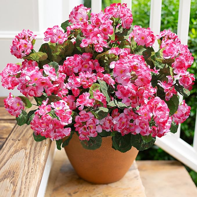 Artificial Geranium Fake Flowers for Outdoors Decoration, 6 Bundles Silk Geraniums Pink Flower UV Resistant Look Real Faux Plants for Front Door Garden Porch Planter Patio Balcony Yard Indoor Home