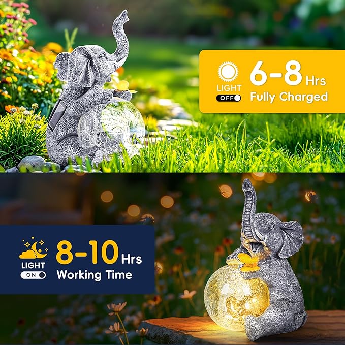 Solar Garden Outdoor Statues for Women, Mom, Grandma. Glass Globe Elephant Figurine Housewarming and Birthday Gifts Elephant Statue Decor for Backyard, Patio, Balcony, Lawn, Pond