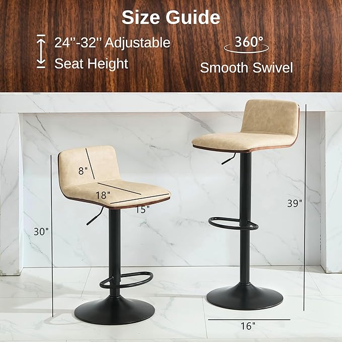 Set of 4 Swivel Bar Stools Adjustable Height, Faux Leather Barstools with Wooden Back and Footrest, Counter Height Bar Height Chairs for Kitchen Island, Dining Room, Beige