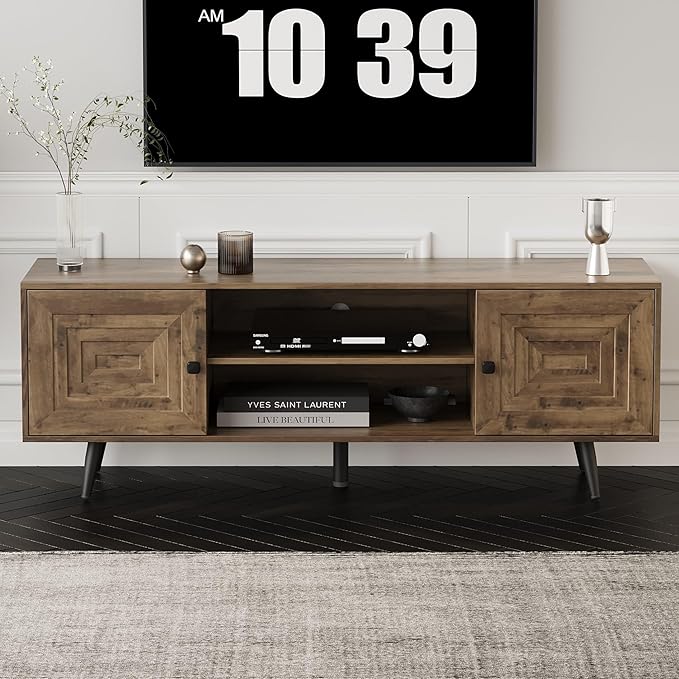 Modern TV Stand with Storage Cabinet, Wood Fashionable TV Cabinet with Waveform Panel and Adjustable Shelf, Entertainment Center TV Stand for TV, Living Room (Rustic Oak