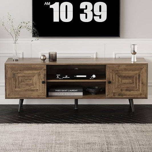 Modern TV Stand with Storage Cabinet, Wood Fashionable TV Cabinet with Waveform Panel and Adjustable Shelf, Entertainment Center TV Stand for TV, Living Room (Rustic Oak