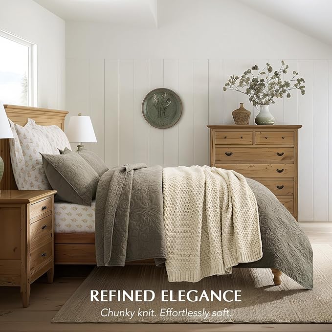 EVERGRACEHOME Chunky Chenille Knit Throw Blanket for Couch, Soft Luxurious Moss Stitch Blankets for Bed, Cozy Decorative Farmhouse Knitted Throws for Sofa, Beige, 60" x 80"