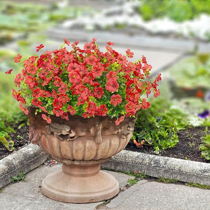 16 Bundles Artificial Flowers Outdoor Spring Summer Decoration Fake Silk Colorful Daisy Eucalyptus Realistic UV Resistant Outside Faux Plants for Garden Porch Window Box Home Decor(Red)