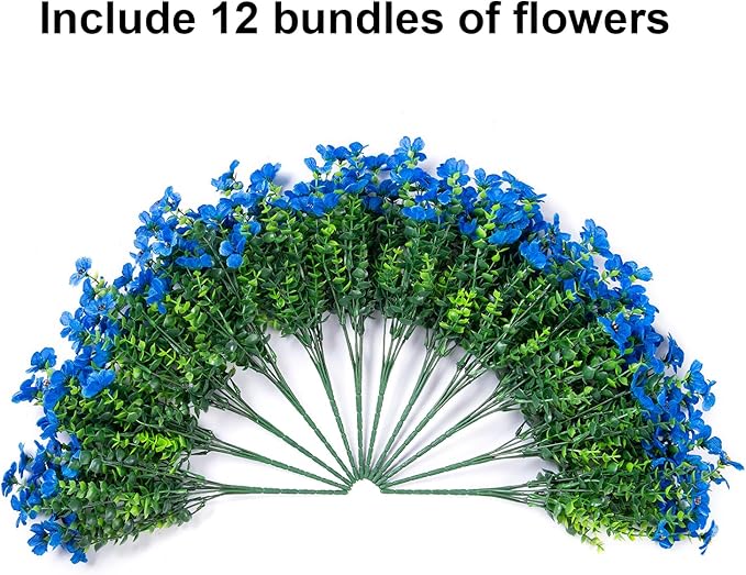 Artificial Fake Plants Flowers for Outdoor Outside Summer Decoration, 12 Bundles Faux Silk Blue Daisy UV Resistant Look Real for Porch Patio Home Yard Garden Planter