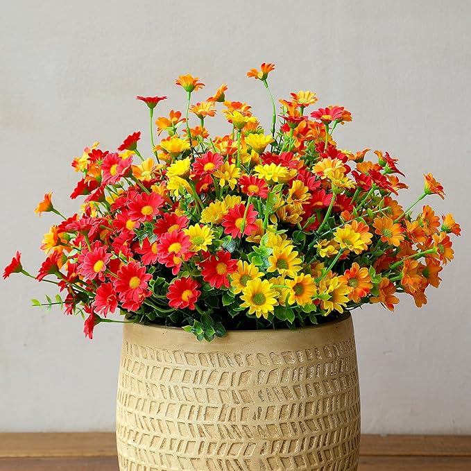 alyptus Fake Mums Artificial Flowers – 12 Bundles Fall Flowers for Outdoor Orange Display, Faux Mums UV Resistant Silk Plants for Porch, Patio, Garden, Thanksgiving Decor (Red 5, Orange 5, Yellow 2)