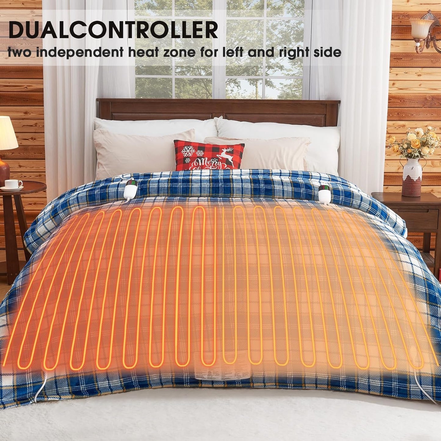 Electric Heated Blanket King Size, 90X100 Heating Blanket King With Dual Control&10 Heats Levels&Timer For Bed,Large Navy Blue Plaid Sherpa Blankets Warmer Gifts for Grandma Women Adults, Washable,ETL