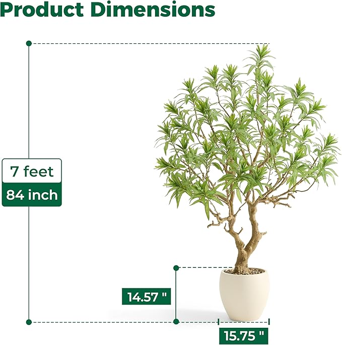 7 Feet Artificial Dracaena Reflexa, Large Faux Tree with White Pot, Tall Dracaena Tree, Fake Plants for Home & Office Decor, Realistic Wood Trunk and Lifelike Leaves