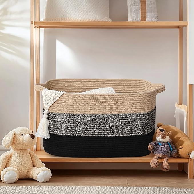 Large Blanket Basket, 60 L Rectangle Storage Baskets for Organizing, Woven Laundry Basket for Blankets, Cotton rope Blanket Storage for Living Room, Nursery Room, Brown&Black