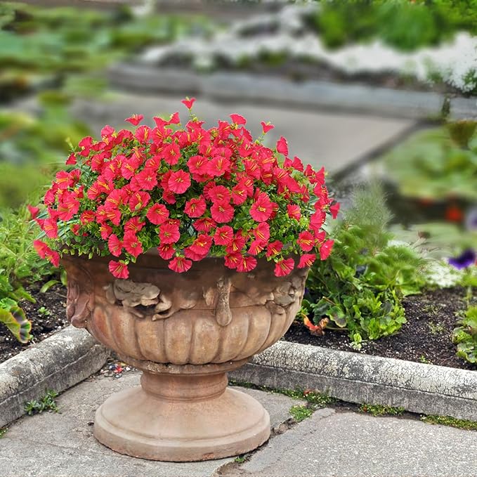 16 Bundles Artificial Flowers Outdoor Spring Summer Decoration Fake Silk Colorful Daisy Eucalyptus Realistic UV Outside Faux Plants for Garden Porch Window Box Home Decor Morning Glory Rose Red