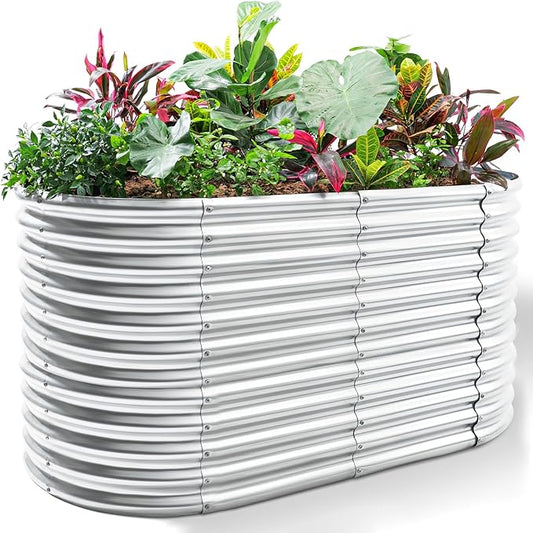 Land Guard 8x4x3ft Oval Galvanized Raised Garden Beds, Large-Capacity Metal Planter Box Outdoor, Durable Deep Raised Garden Bed 3ft Tall, Raised Beds for Gardening Vegetables, Classic Silver