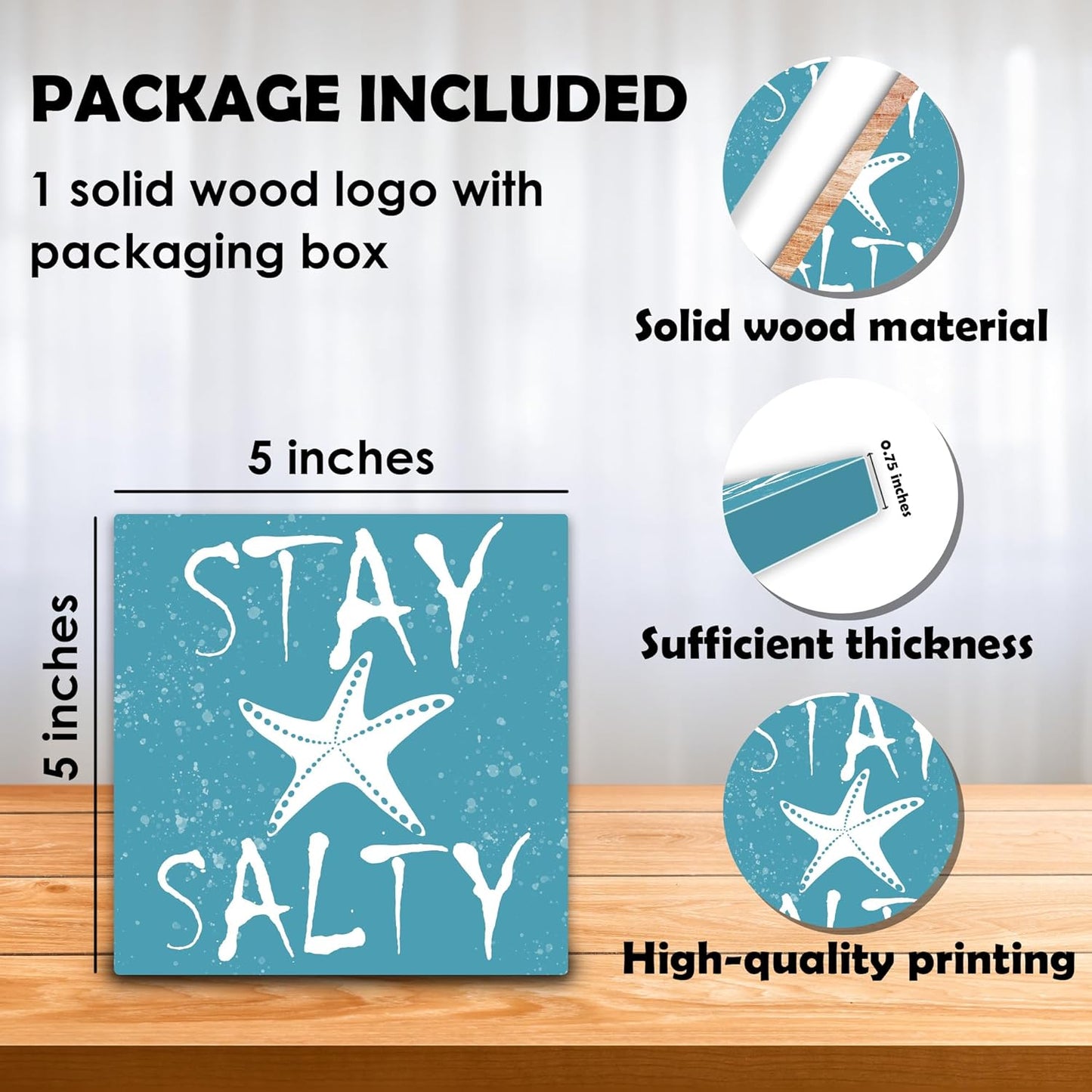 Stay Salty Wooden Block Plaque - Starfish & Summer Blue Tabletop Sign Decor For Friends Family Coworker - 5"x5" Office Room Home Wood Block - Funny Beach Desk Gifts Favors & Supplies - A04