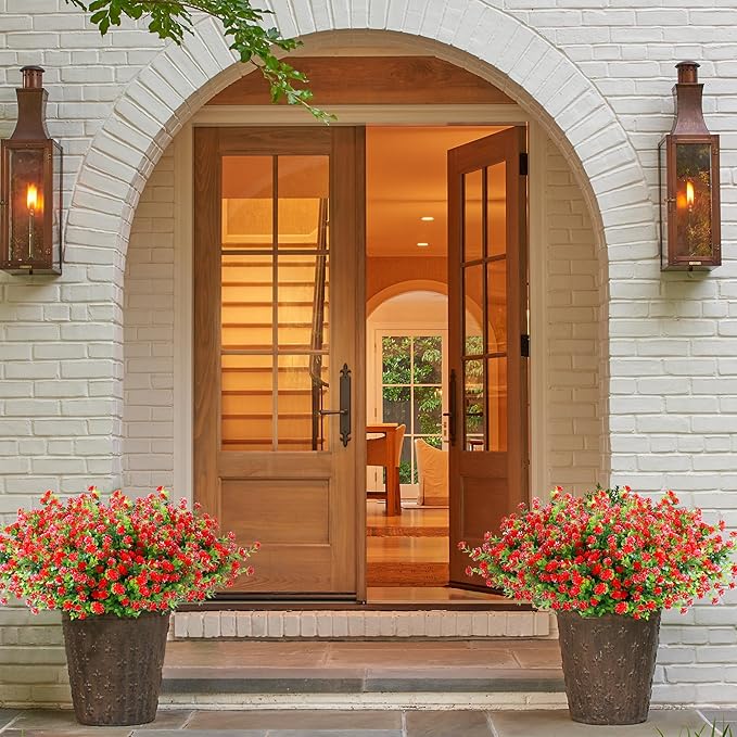 SITUMEIZI 8 Bundles Red Artificial Flowers Outdoor Fake Flower Plastic UV Resistant Shrubs Greenery Plants Hanging Decorations Garden Porch Window Box Farmhouse Outside Summer Indoor Decor