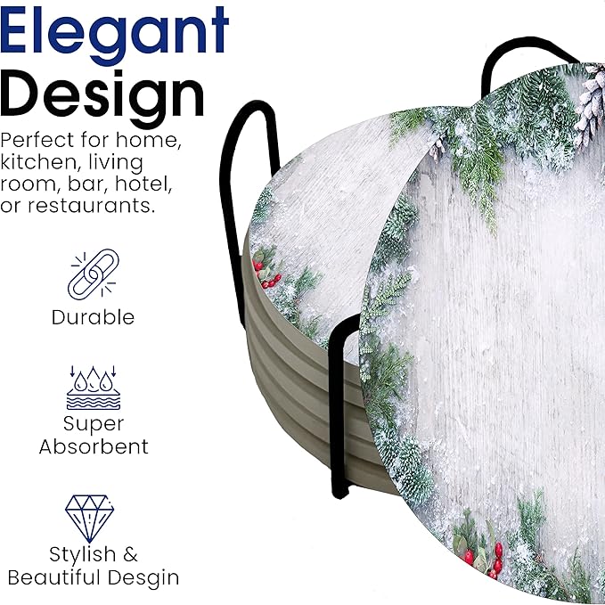 Winter Wintertime Snow Season Round Coasters Set of 6 - Abosrbent Ceramic Coasters with Metal Stand for Drinks, Coffee, Non-Slip Cork Back for Tabletop Protection, 4 Inches (Holly)