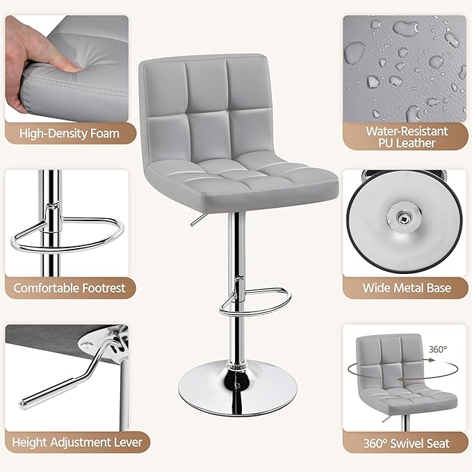 Yaheetech Bar Stools Set of 4, PU Leather Adjustable Barstools, Modern Counter Stools with Back and Footrest, Counter Height Barstools for Bar, Kitchen, Dining Room, Light Gray