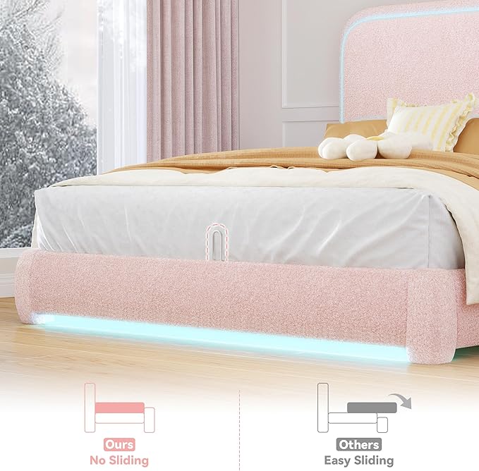 Torana Twin Marshmallow Bed Frame with Headboard and Footboard, Curved Shaped Cloud Upholstered Beds with LED Lights, Teddy Fleece Bedframe with Soft Rounded Corners and Strong Slats Support, Pink