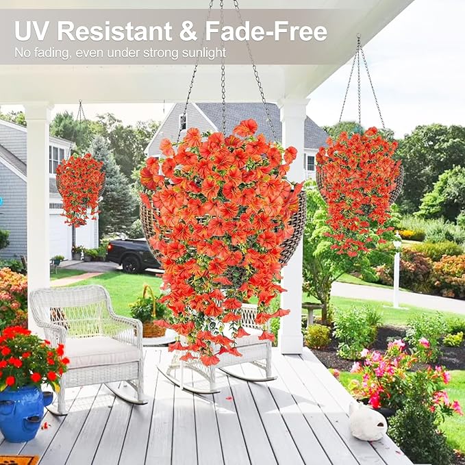 Artificial Flowers for Outdoors Decoration, 4Pcs Fake Hanging Flowers Morning Glory UV & Fading Resistant, Artificial Faux Plants Deocr for Home Porch Patio Balcony Planter Yard Garden Farmhouse