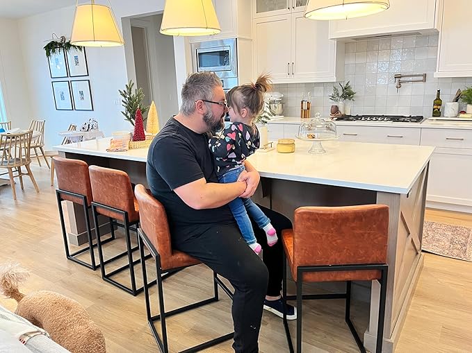 ALPHA HOME 24” Bar Stools Set of 3 Counter Height Bar Stool Pu Leather Kitchen Modern Bar Stools with Backrest Upholstered Footrest Sturdy Chromed Metal Steel Frame,Brown