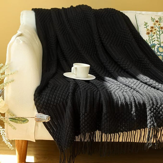 Blagic Knitted Throw Blanket for Couch, Bed and Sofa. Super Soft Blanket with Tassels, Black Throw Blanket, 50 x 60 Inches Lightweight & Cosy Home Decor