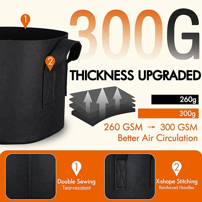 Gardzen 10-Pack 5 Gallon Grow Bags, 300G Thickened Aeration Fabric Pots with Handles, Heavy Duty Cloth Pots for Plants