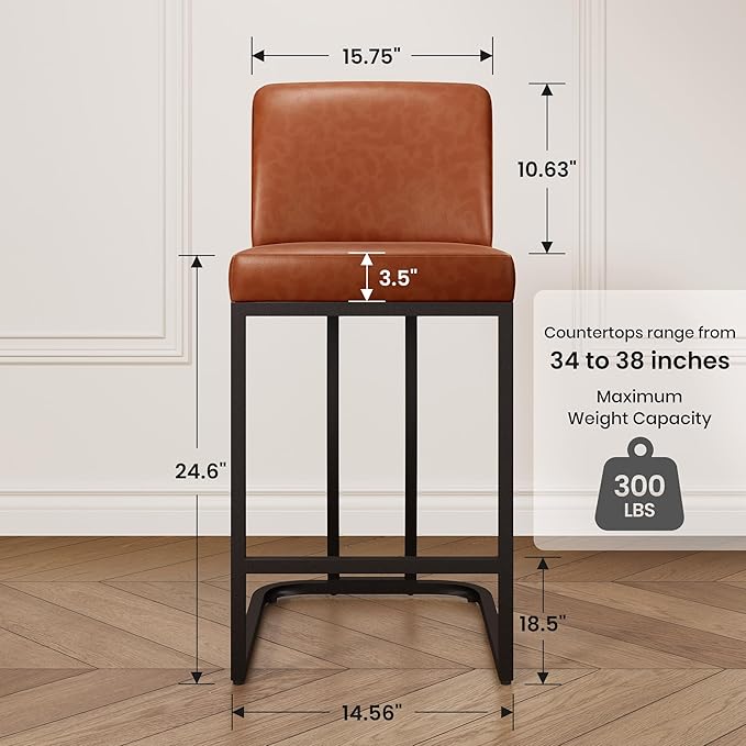 PHI VILLA Brown Bar Stools Set of 3, Faux Leather Counter Height Chairs, Kitchen Stools for Island, 24 Inch Barstools with Back