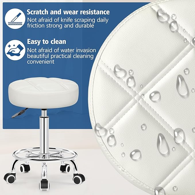 Rolling Stool with Wheels, PU Leather Small Office Chair with Foot Rest,Versatile Adjustable Swivel Stool for Tattoo Massage Salon Spa Teach Medical Facial Office Home Work Kitchen White