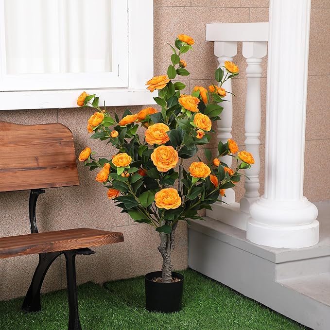 Jexine 2 Pack 40" Artificial Tree with Camellia, Fake Tree with 36 Blooming Flowers, Flower Plants Tree Faux Floral Plant Tree in Cement Pot for Indoor Outdoor Office Home Porch Decor (Orange,40")