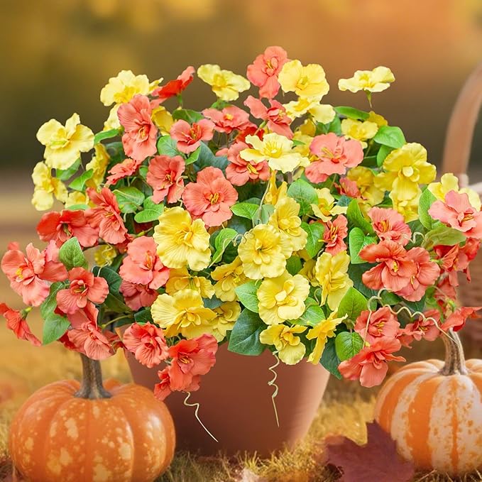 INSPRING Fake Fall Flowers Artificial Mums for Outdoors Autumn Decoration, Faux Silk Flowers Plants Realistic UV Resistant Tropical Flower Artificial for Outside Planter Patio (2MixHC, 6 Bundles)