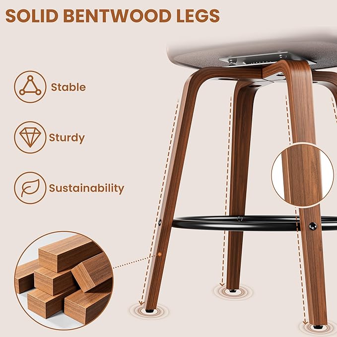 Bar Stools Set of 3, 26" Counter Height Barstools with Bentwood Legs, Swivel Counter Stools with Back, Mid Century Modern Faux Leather Upholstered Bar Chairs for Kitchen Island, Brown