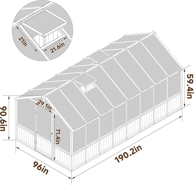 8x16 FT Greenhouse for Outdoor, 6MM Thick Polycarbonate Panel Wooden Walk-in Green House with Adjustable Roof Vents and Lockable Door, Backyard Garden, Light Mocha Brown