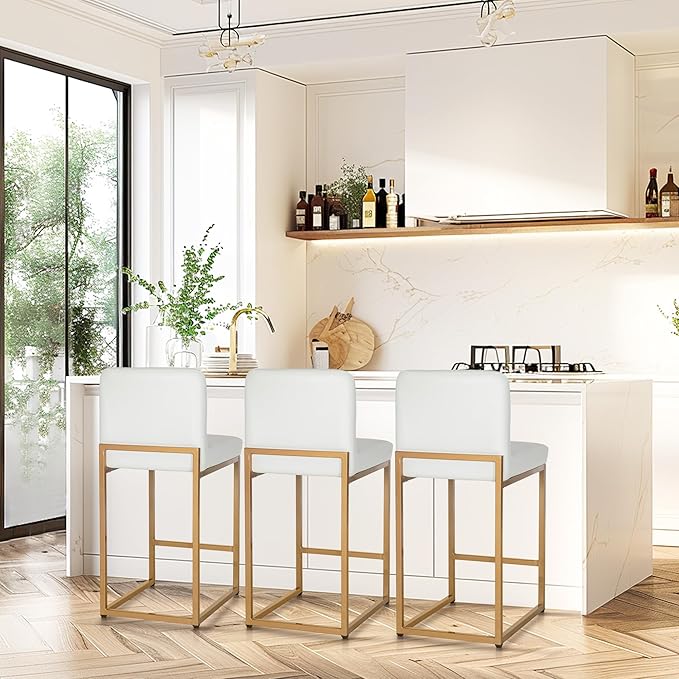 PHI VILLA Bar Stools Set of 4 - Bar Stools with Back Leather Stools for Kitchen Counter, White and Gold Counter Height Bar Stool