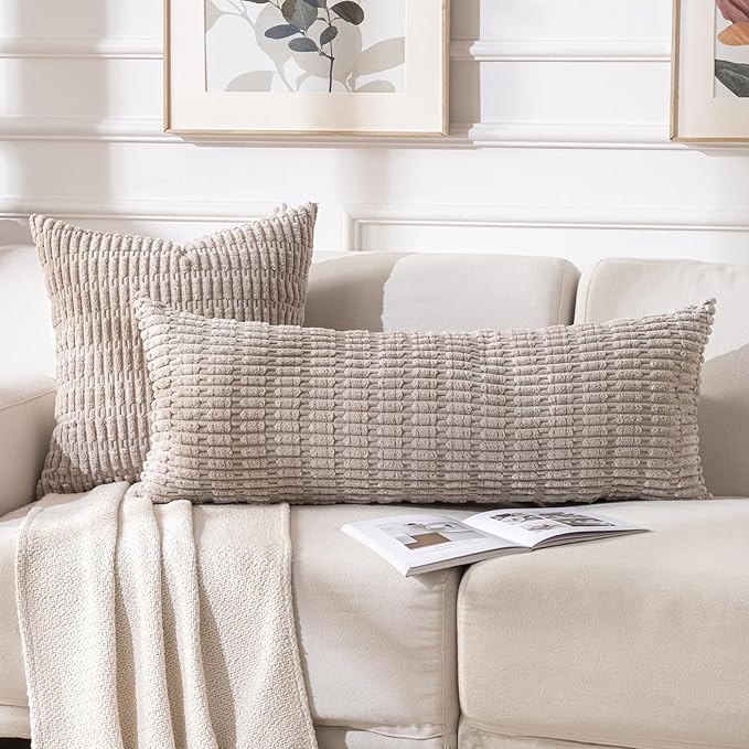 Fancy Homi 2 Packs Taupe Long Lumbar Decorative Throw Pillow Covers 14x36 Inch for Bed Couch Bed Sofa, Rustic Farmhouse Boho Room Decor, Soft Striped Corduroy Rectangle Cushion Case 35x91 cm