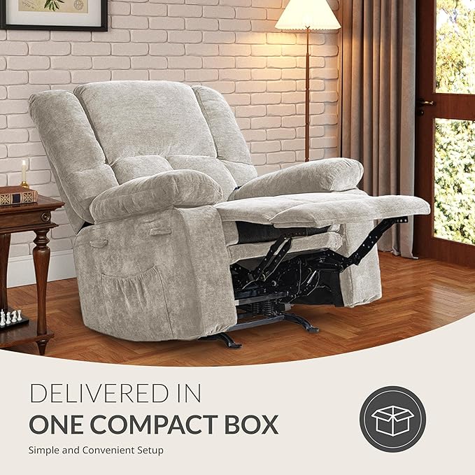 Velvet Rocker Recliner for Adults, Overstuffed Manual Recliner Chair with Spring Cushion, Rocking Chair with Side Pockets, Nursery Glider Recliner Single Sofa for Living Room (Oversize, Beige)