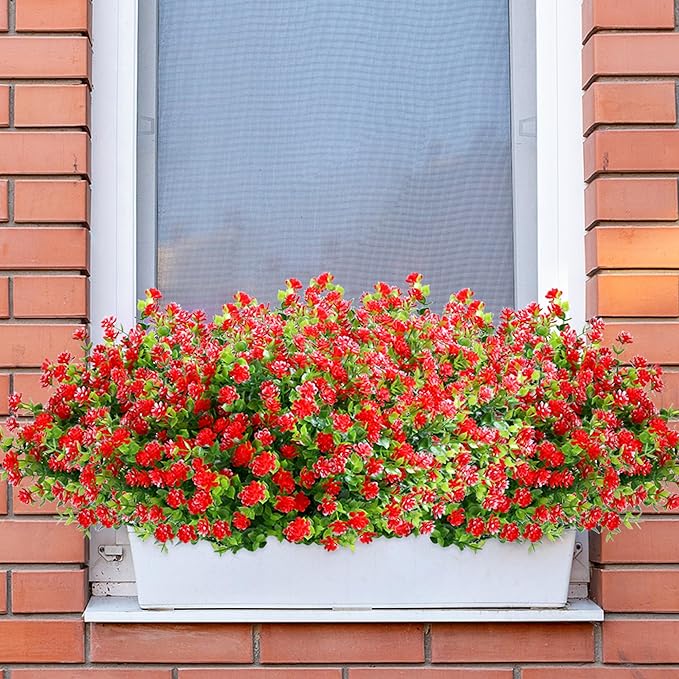 SITUMEIZI 8 Bundles Red Artificial Flowers Outdoor Fake Flower Plastic UV Resistant Shrubs Greenery Plants Hanging Decorations Garden Porch Window Box Farmhouse Outside Summer Indoor Decor